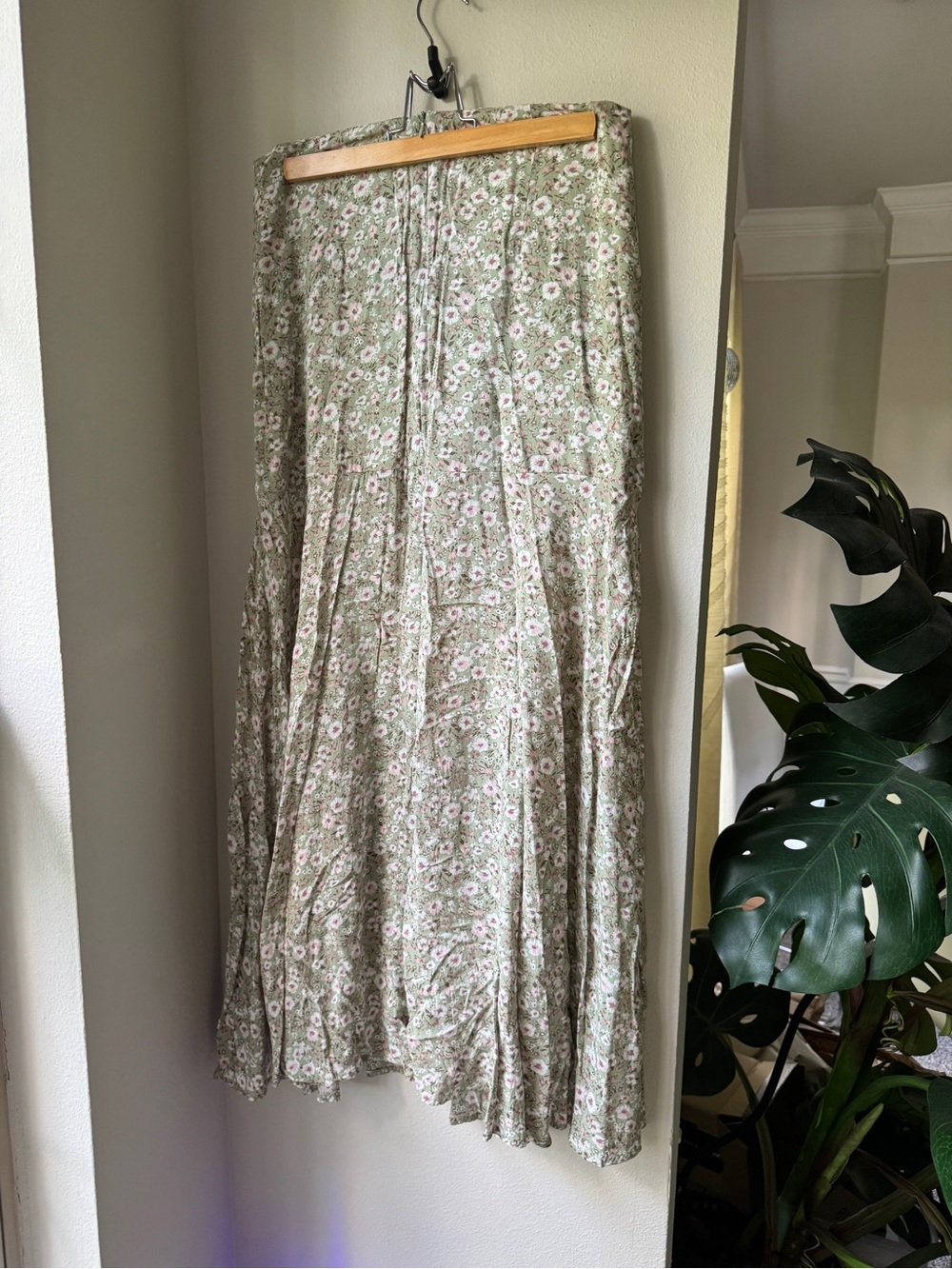 Altar'd State Sage Green Floral Tiered Maxi Skirt with Pink Blooms - Picture 4 of 5